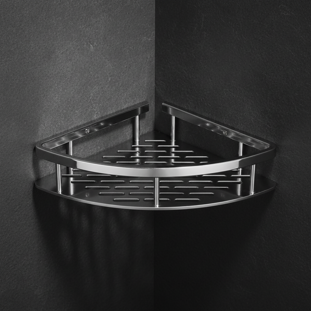 Silver corner shelf on dark background