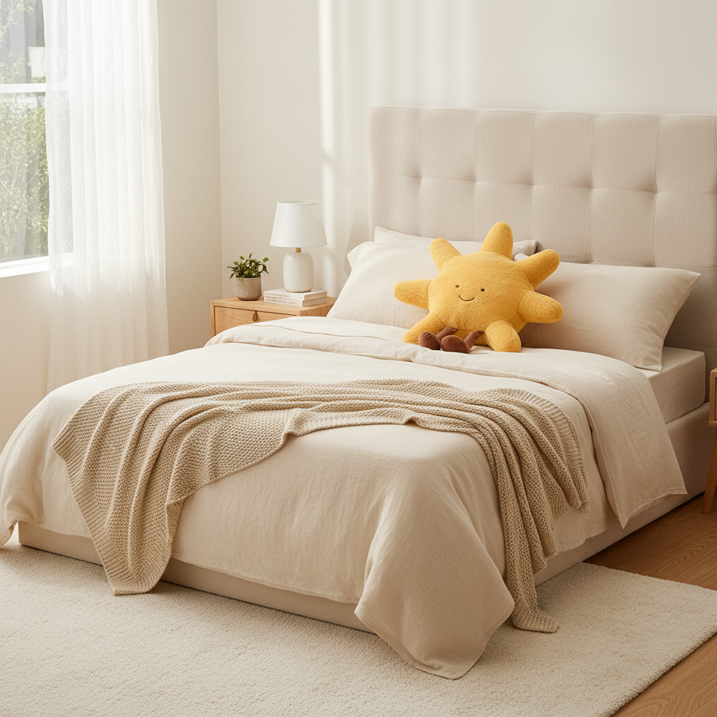 Sun pillow on white bed