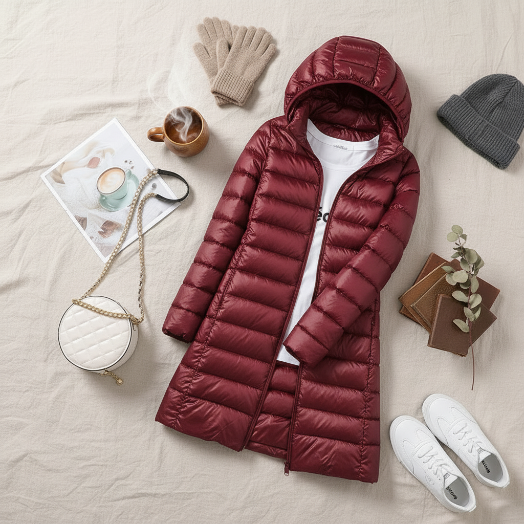 Wine red puffer jacket flat lay