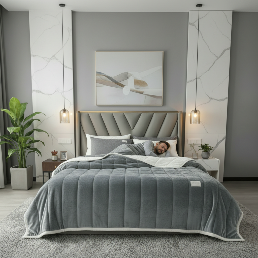 Person lying in bed under a gray comforter in a modern bedroom.