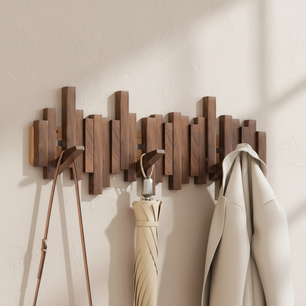 Wooden coat rack on beige wall