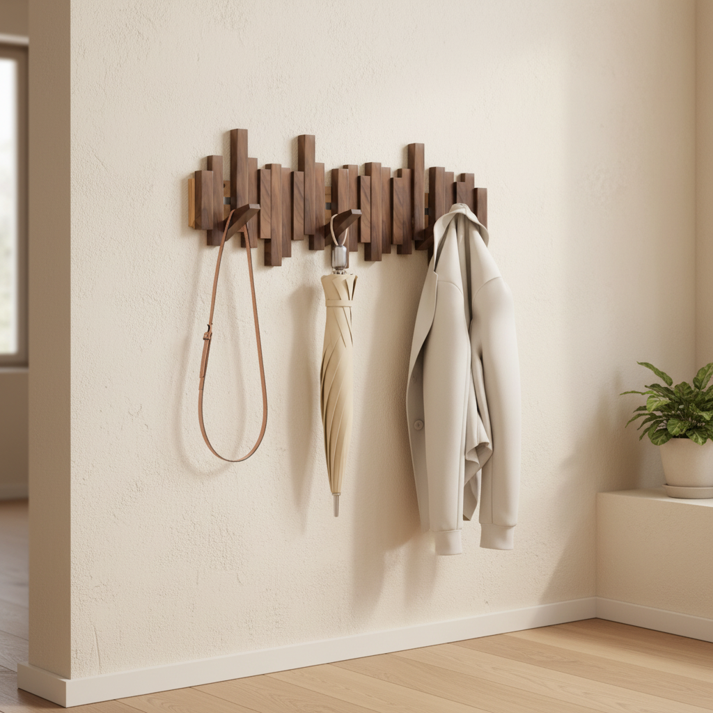 Wooden coat rack on cream wall