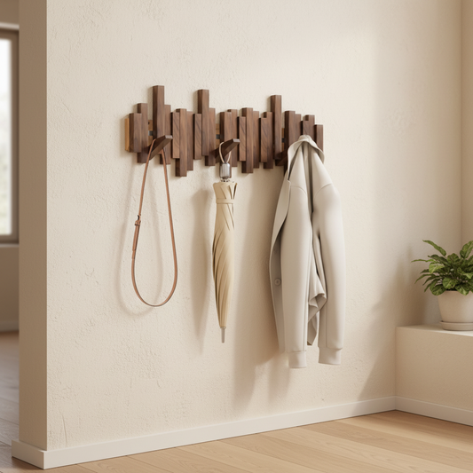 Wooden coat rack on cream wall